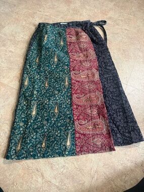 White Stag Patchwork Maxi Wrap Skirt in Teal, Burgundy & blue